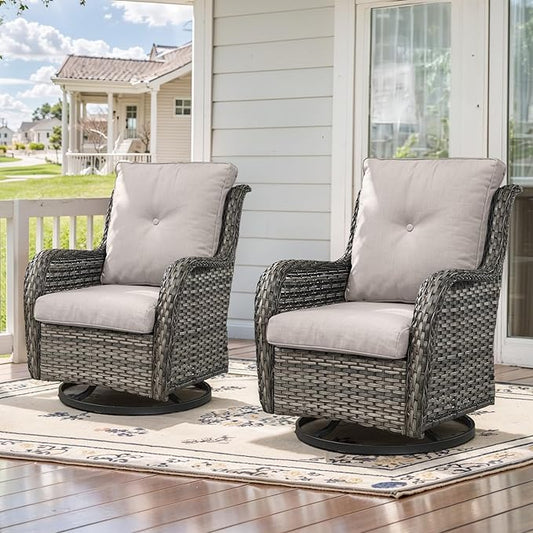 Outdoor Swivel Rcoker Patio Chairs - Outdoor Swivel Patio Chairs Set of 2 Wicker Chair Patio Furniture Sets with Covered Cushion for Porch Deck Balcony Garden, Beige-VerdiqueGarden