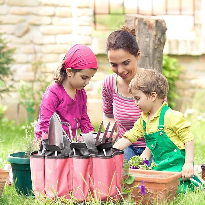 WORKPRO Garden Bag, Garden Tool Tote Storage Bag with 8 Pockets, Home Organizer for Outdoor Gardening Caddy, Garden Tool Kit Holder (Tools NOT Included), Pink Ribbon, Garden Gifts-VerdiqueGarden