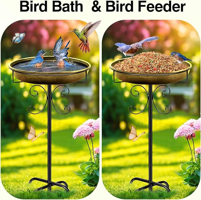 Daoeny 35In Metal Bird Bath for Outside, Vintage Bird Bath Bowl, Detachable Birdbath & Birdfeeder with 5 Prongs Base Stake, Bird Baths for Outdoors Garden Yard Lawn Decor (Antique Golden)-VerdiqueGarden