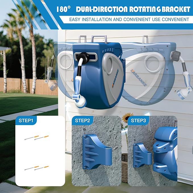 1/2 in × 100 ft Garden Hose Reel,Wall-Mounted Hose Reel with Bottom Drain,180° Rotating Bracket,with 10-Function Sprayer Nozzle,Lockable at Any Length,Equipped with Waterproof Bag(Blue)-VerdiqueGarden