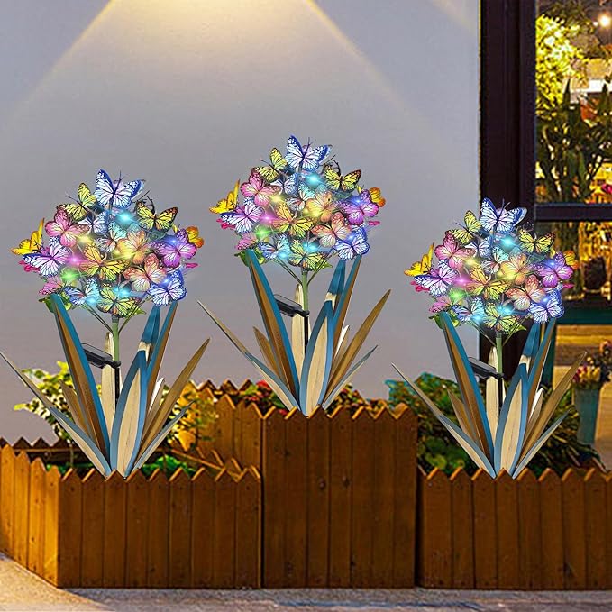 Homight Solar Metal Agave Butterfly Flower Stick Garden Sculpture Outdoor Gift Solar Garden Christmas Lights Swaying Butterfly Sunflower Garden Lights Solar Outdoor (3 PCS Blue)-VerdiqueGarden