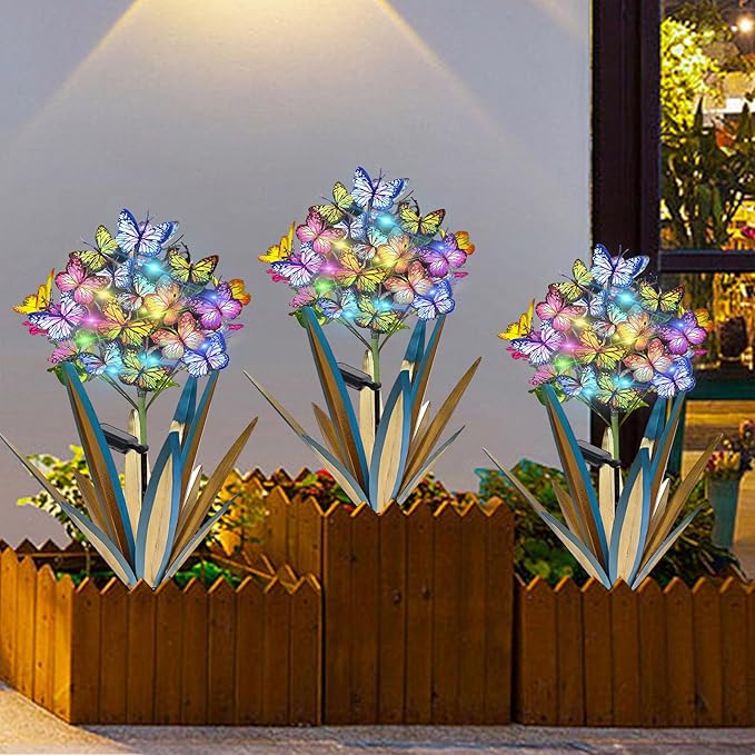 Homight Solar Metal Agave Butterfly Flower Stick Garden Sculpture - Outdoor Gift, Christmas Lights - Swaying Butterfly Garden Lights (2 PCS Blue)-VerdiqueGarden