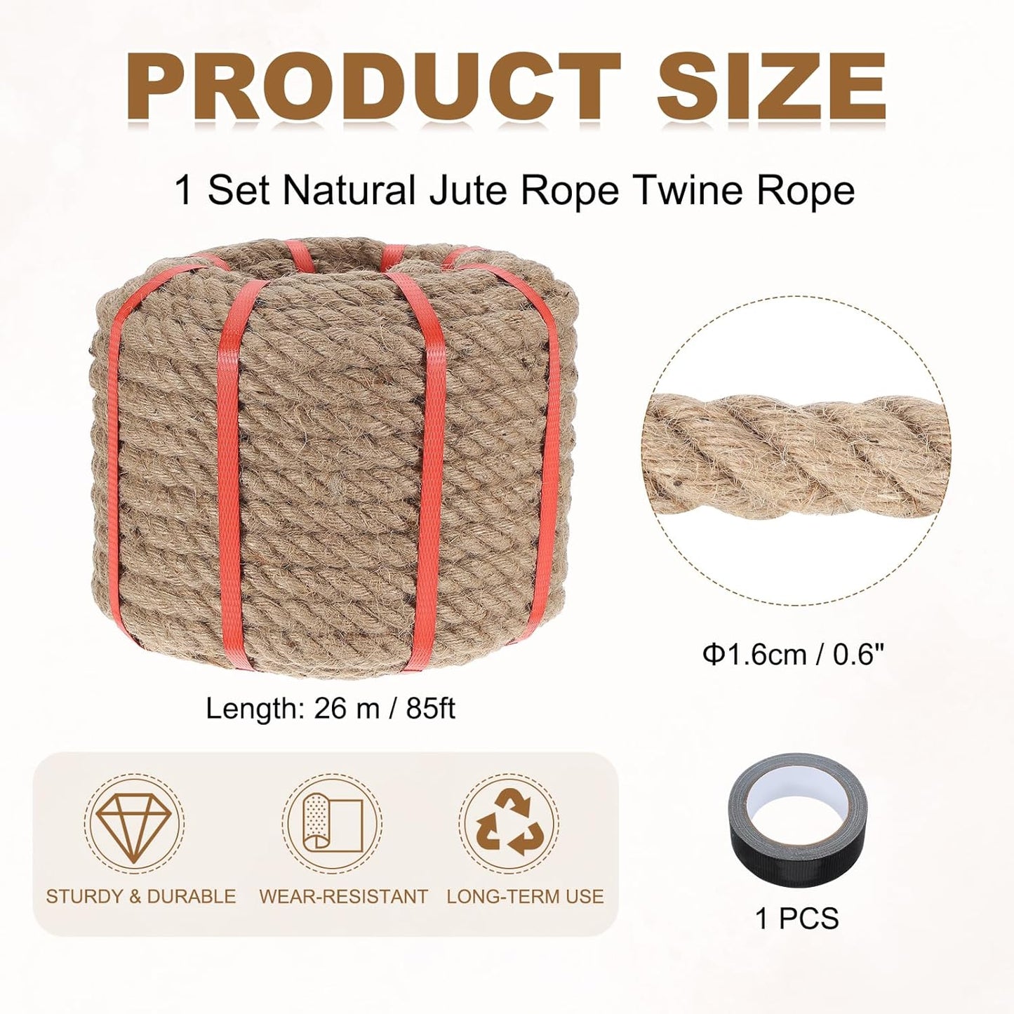 MECCANIXITY Jute Rope 0.6 Inch x 85ft, Thick Twine Rope Ropes Braided Jute Twine Natural Brown Burlap Cord String Heavy Twisted with Tape for Decorative Crafts Railing Swing Tug of War-VerdiqueGarden
