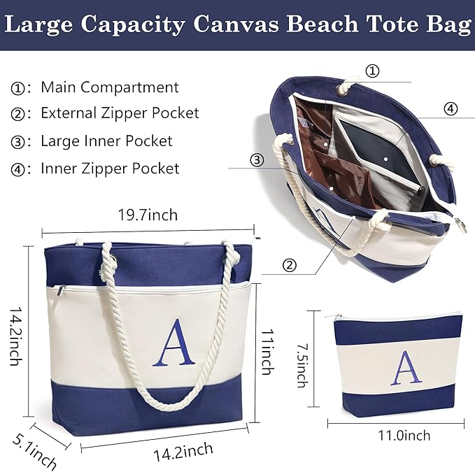 YOOLIFE Beach Bags for Women - Initial Tote Waterproof Bag with Makeup Bag, Mothers Day Gifts for Women Mom Friend Birthday-VerdiqueGarden