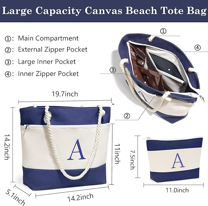 YOOLIFE Beach Bags for Women - Initial Tote Waterproof Bag with Makeup Bag, Mothers Day Gifts for Women Mom Friend Birthday-VerdiqueGarden