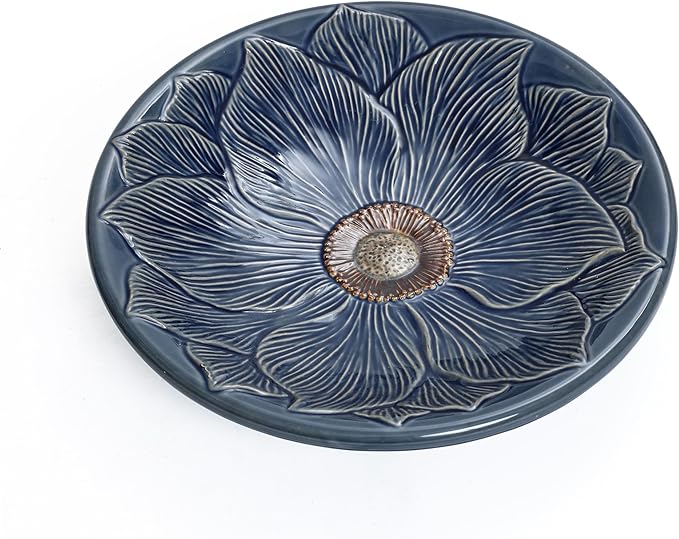 LuxenHome 22 Inch Ceramic Bird Bath for Outside, Elegant Tall Outdoor Bird Bath, Lightweight Pedestal Glazed Birdbaths for Outdoors with Floral Pattern, Deep Blue-VerdiqueGarden