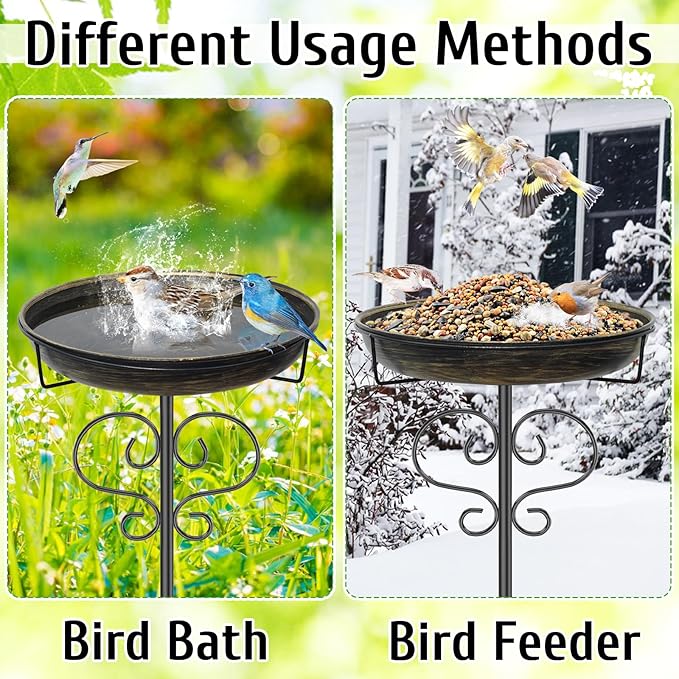 Bird Bath for Outside,Freestanding Metal Bird Bath Feeder with Heavy Duty 5 Prong Stake, Garden Birdbath Birdfeeder Bowl for Yard Lawn Patio Decor (Vintage Gold)-VerdiqueGarden