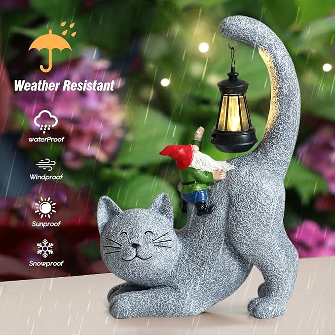 Cat Statue Garden Decor with Funny Gnome Figurine & Solar Lantern, Motherday Gifts for Mom,Birthday Gift for Women,Cat Statues for Garden,Patio,Yard Decoration, Gray, SR-C-003-VerdiqueGarden