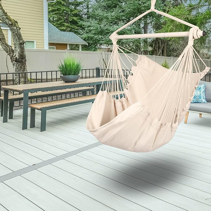 Highwild Hanging Rope Hammock Chair Swing Seat for Any Indoor or Outdoor Spaces - 500 lbs Weight Capacity (Beige)-VerdiqueGarden