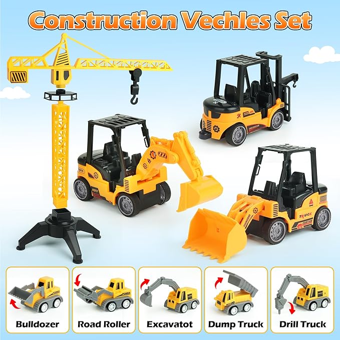 Sand Construction Site Kit - 37 Pcs Play Sand Art Kit with 8 Construction Trucks, Folding Sandbox, 2.2 lbs Magic Sand, Crane, Worker, Road Signs, Molds, Shovel - Ideal Toys for Boys Girls Age 3+-VerdiqueGarden
