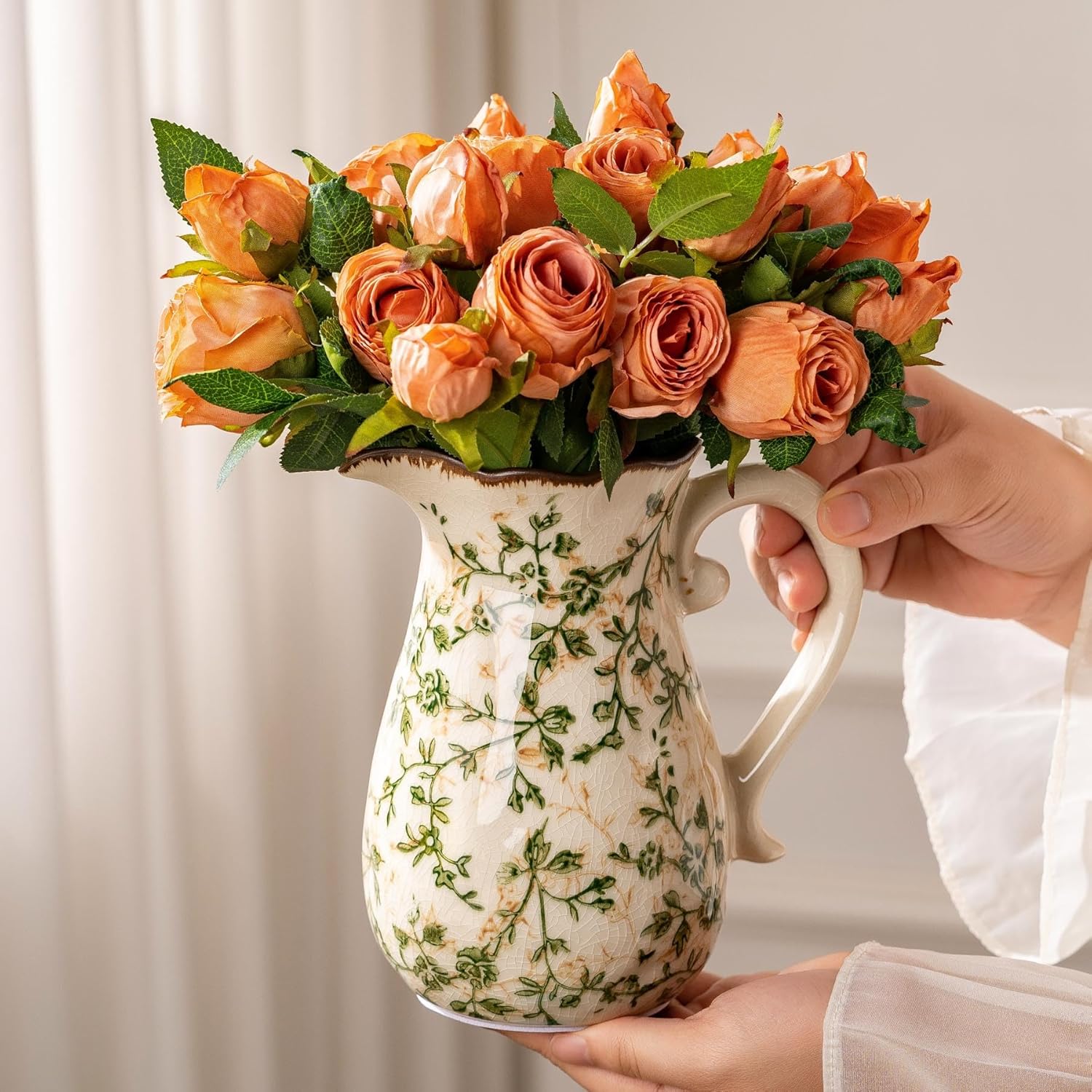 Ceramic Vases Set of 3, Green & Beige Chinoiserie Flower Pitcher Vase, Farmhouse Vintage Floral Vase Home Decor for Mantle, Fireplace, Kitchen Counter, Living Room Bookshelf Rustic Table Centerpiece-VerdiqueGarden