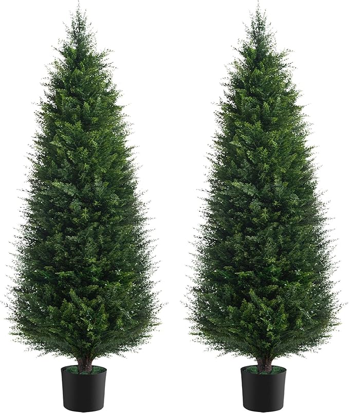 Two 4ft Artificial Plants Topairy Faux Cedar Trees for Outdoor Planters, 48IN Tall Fake Pine Bushes UV Resistant Large Potted Shrubs for Front Porch Décor-VerdiqueGarden