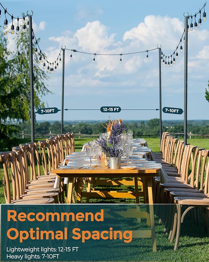 LAND·VOI Metal String Light Poles for Outside Hanging - Backyard, Garden, Patio, 2 Pack Lighting Stand with Adjustable Height for Outdoor Parties, Wedding, Extra-Long 5-Prong Claws, (9.6FT) FLP02B-VerdiqueGarden