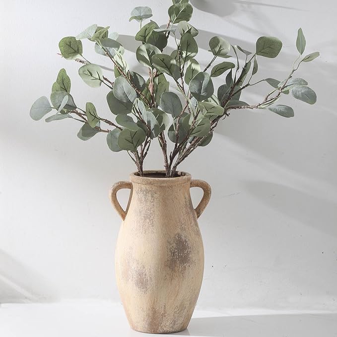 Large Ceramic Vase,11.3 inch Tall Farmhouse Flower Vase with 2 Handles,Terracotta Decorative Flower Vase for Home Decor, Living Room Entryway Table Centerpiece Decor-VerdiqueGarden