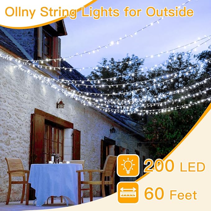 Ollny Outdoor String Lights 200LED 60FT, Cool White Connectable Plug in Fairy Light, 8 Modes Waterproof Timer Christmas Lights for Indoor Outside Bedroom House Party Wedding-VerdiqueGarden