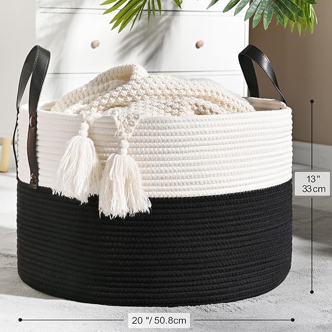 KAKAMAY Large Blanket Basket (20"x13"),Woven Baskets for storage Baby Laundry Hamper, Cotton Rope Blanket Basket for Living Room, Laundry, Nursery, Pillows, Baby Toy chest (White/Black)-VerdiqueGarden