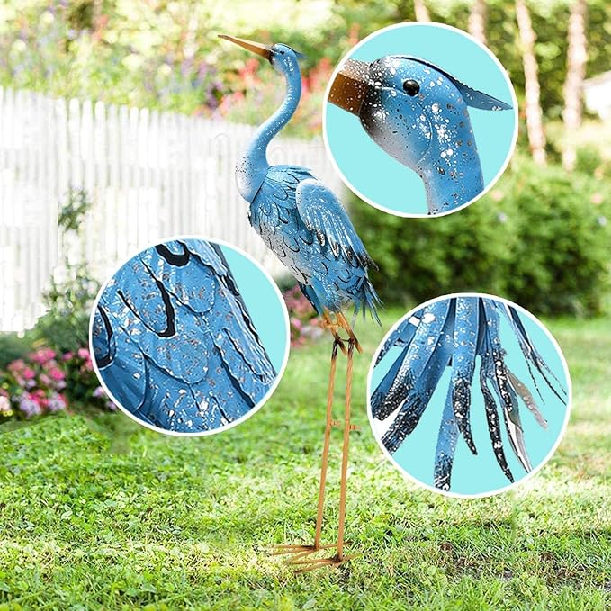 Nacome Large Standing Blue Metal Crane Garden Statue: Indoor Outdoor Heron Animal Sculpture for Patio Backyard Porch Yard Bird Art Lawn Decor - 36.6inch Gifts for Grandma Mom-VerdiqueGarden