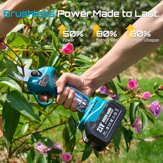 Seesii 2-in-1 Electric Pruning Shears with Pole, 15Ft Reach, 1.2" Cutting Diameter, 21V 4000mAh Battery, Cordless Pruner with Brushless Motor for Orchard, Flower, Branch, Tree Trimming-VerdiqueGarden