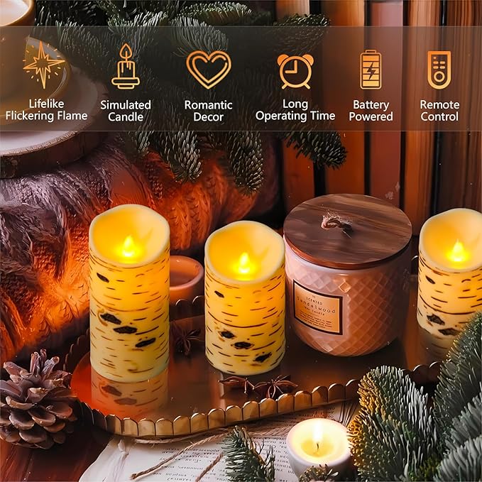 Metaku Flameless Candles Battery Operated Set of 3 Birch Bark LED Pillar Candles with Remote,3D Moving Wick Electric Decorative Candles for Christmas Party Wedding Home Bedroom,D 3"×H4 5" 6"-VerdiqueGarden