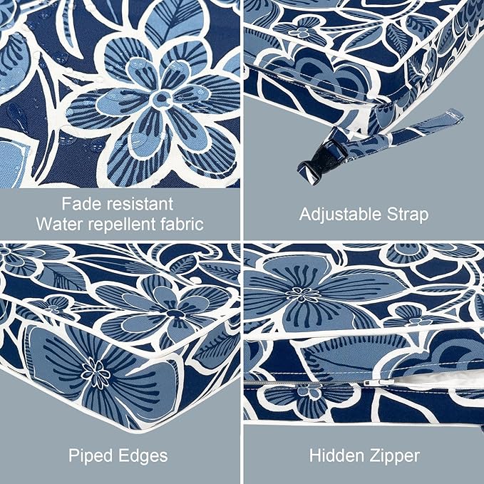 LVTXIII Patio Chair Cushions 22"x22"x3", Water-Repellent Outdoor Seat Cushions for Patio Furniture, Square Chair Pads with Ties for Home Garden Decoration, Set of 2, Flower Navy-VerdiqueGarden