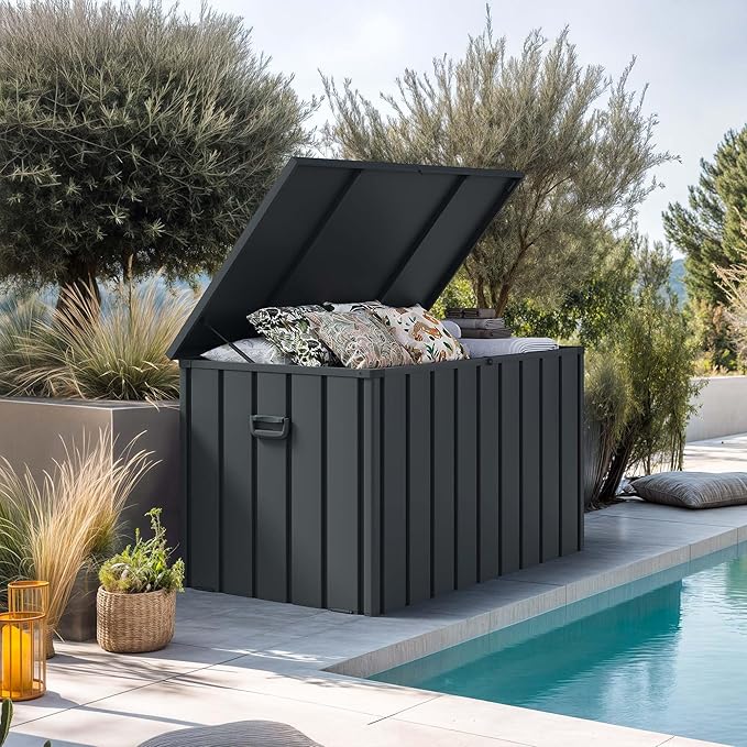PURPLE LEAF Outdoor Deck Box 160 Gallon Waterproof Lockable Storage Box Container with Lid Deck Organization for Patio Cushions Side Table Pool Accessories Garden Tools, Gray-VerdiqueGarden