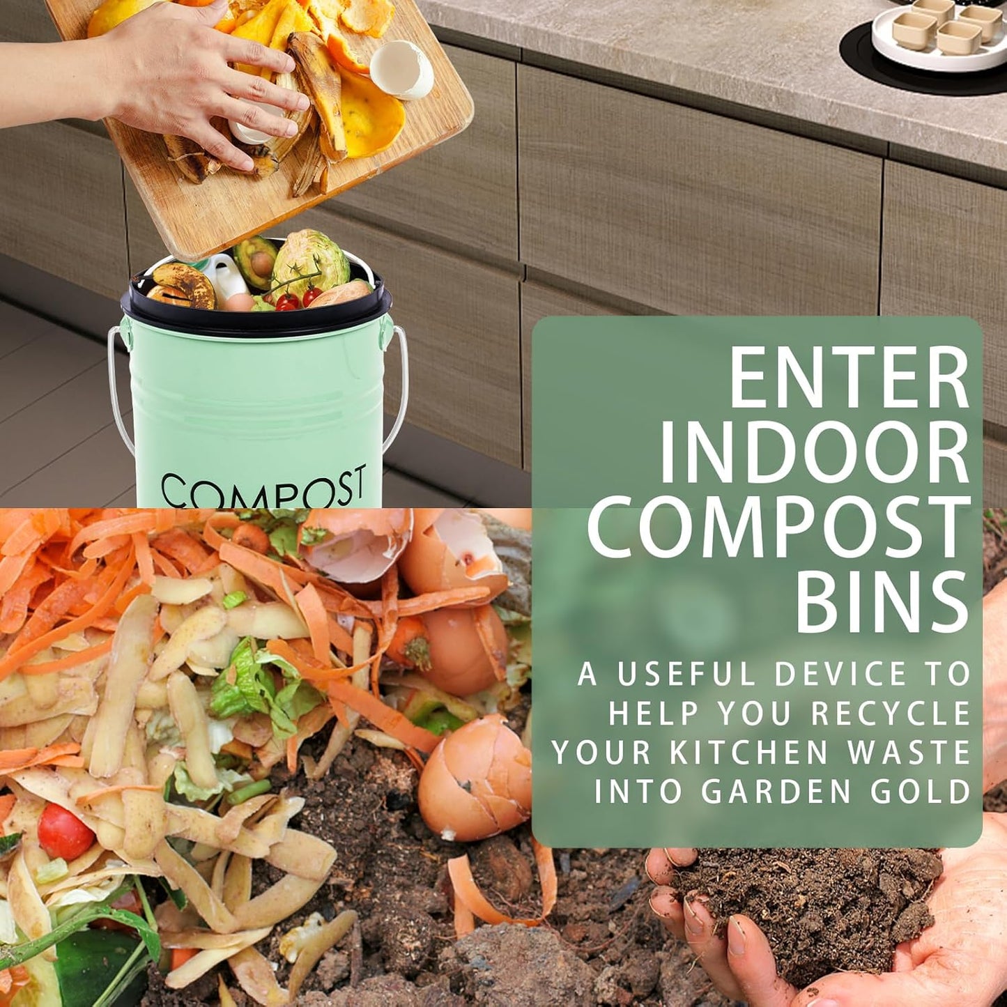 Vipush Kitchen Countertop Compost Bin with lid – Small, Includes Inner Compost Bucket Liner & Charcoal Filter, Green-VerdiqueGarden