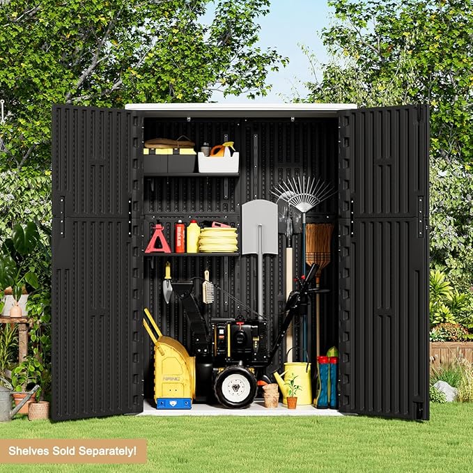 KINYING Outdoor Storage Shed,57 Cu.ft Vertical Outdoor Storage Cabinet Waterproof, Outdoor Resin Tool Shed for Patio Furniture, Garden Tools, Pool Accessories, Lawn Mower(Black Color)-VerdiqueGarden