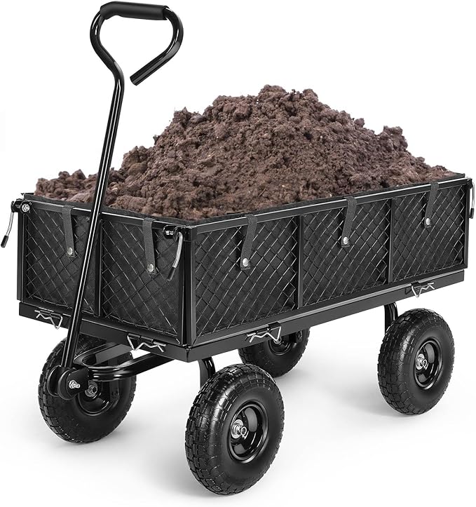 Homdox MAX 880LB Garden Cart, Heavy Duty Garden Wagon, Mesh Foldable Garden Cart, Pullable Gardens Wagon with 180° Rotating Handle, Collapsible Garden Carts for Yard Beach Farm, Black with Bag-VerdiqueGarden