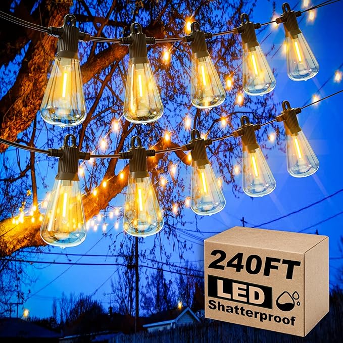 Outdoor Patio String Lights, 240FT LED with 120+4 ST38 Vintage Edison Bulbs, Waterproof Connectable Hanging Lights for Outside Backyard Bistro Porch (120FTx2)-VerdiqueGarden