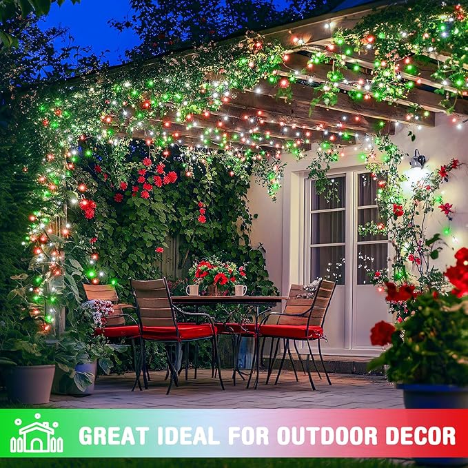 JMEXSUSS Connectable Red White and Green Christmas Lights, 8 Modes 100 LED Twinkle String Lights Indoor, Clear Wire Plug-in String Lights Outdoor Waterproof-VerdiqueGarden