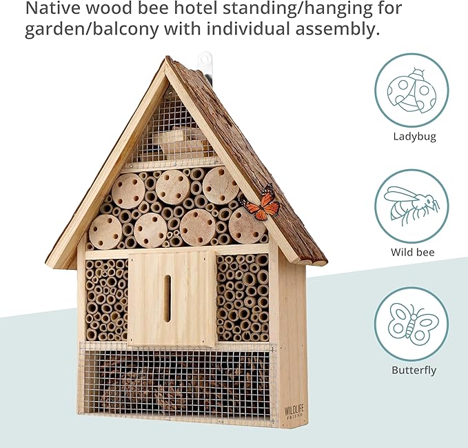I Large Insect Hotel with bark roof Natural, Weatherproof, Insect House Made of Natural Wood for Bees, Ladybugs, lacewings, Butterflies, bee Hotel, Nesting aid for Hanging-VerdiqueGarden