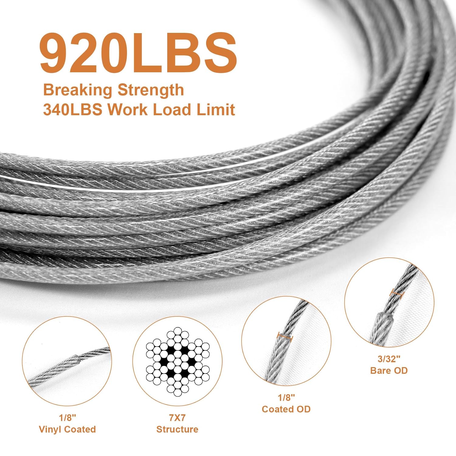 1/8" Vinyl Coated Wire Rope Kit with Work Gloves, 300FT Stainless Steel String Light Hanging Kit with Turnbuckle,7x7 Strand 920LB Strength Clothes Line Cable for Outdoor, Crafts, Garden-VerdiqueGarden
