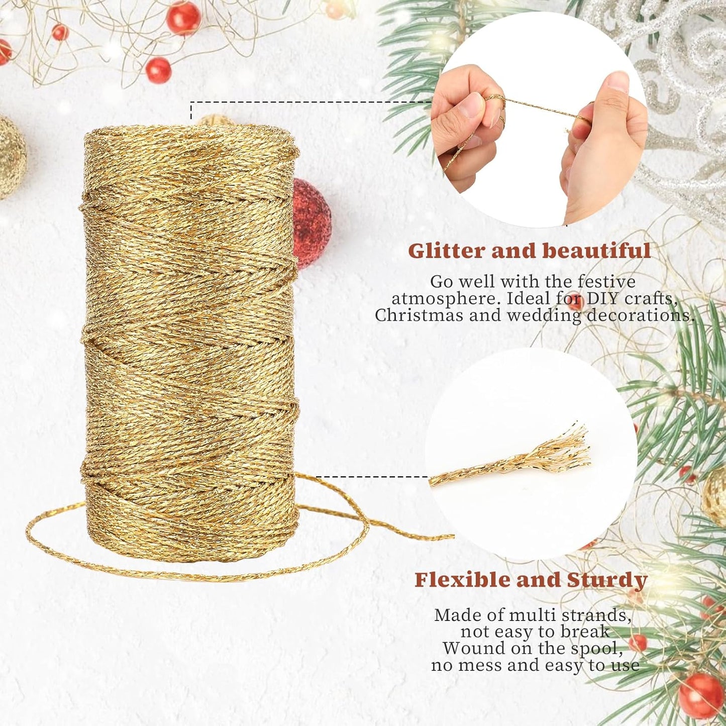 KINGLAKE Gold Twine String,Christmas Metallic Gold Twine String Bakers Twine for Gift Wrapping and Crafts,328 Feet 1.5mm Gold Glitter String Thread-VerdiqueGarden