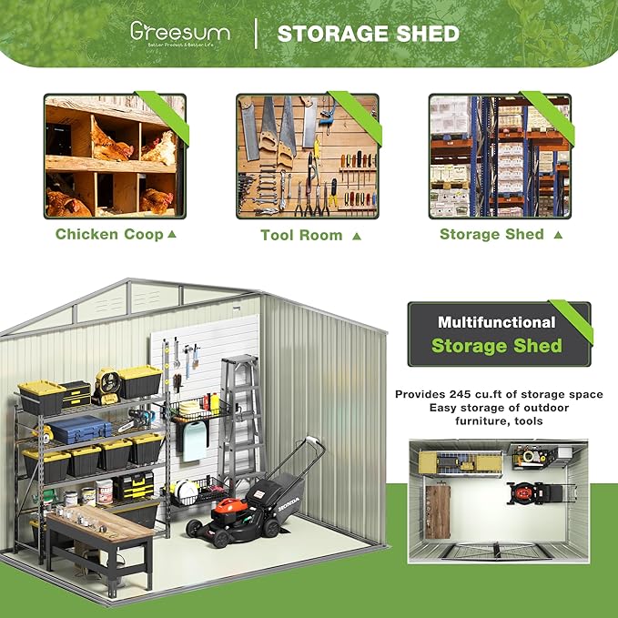 Greesum Outdoor Storage Shed 6 x 8 ft. Utility Tool Shed Metal Storage Garden Shed with Door & Lock for Patio Storage, Brown-VerdiqueGarden