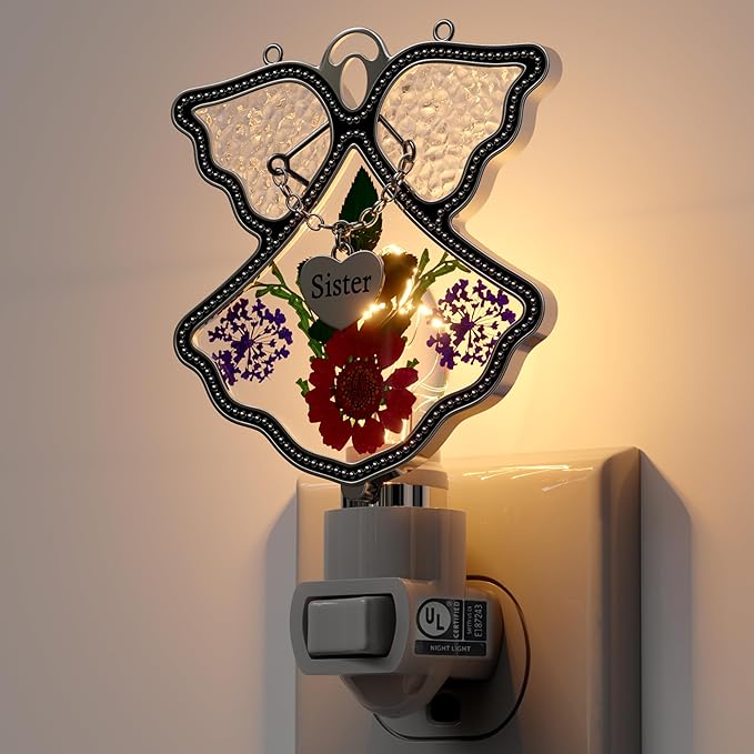 KY&BOSAM Angel Sister Night Light Flower in Glass with Metal Trim Sister Heart Night Light Nursery Bedroom Bathroom Decorative Accent Lite Elegant Home Decoration, Guardian Butte-VerdiqueGarden