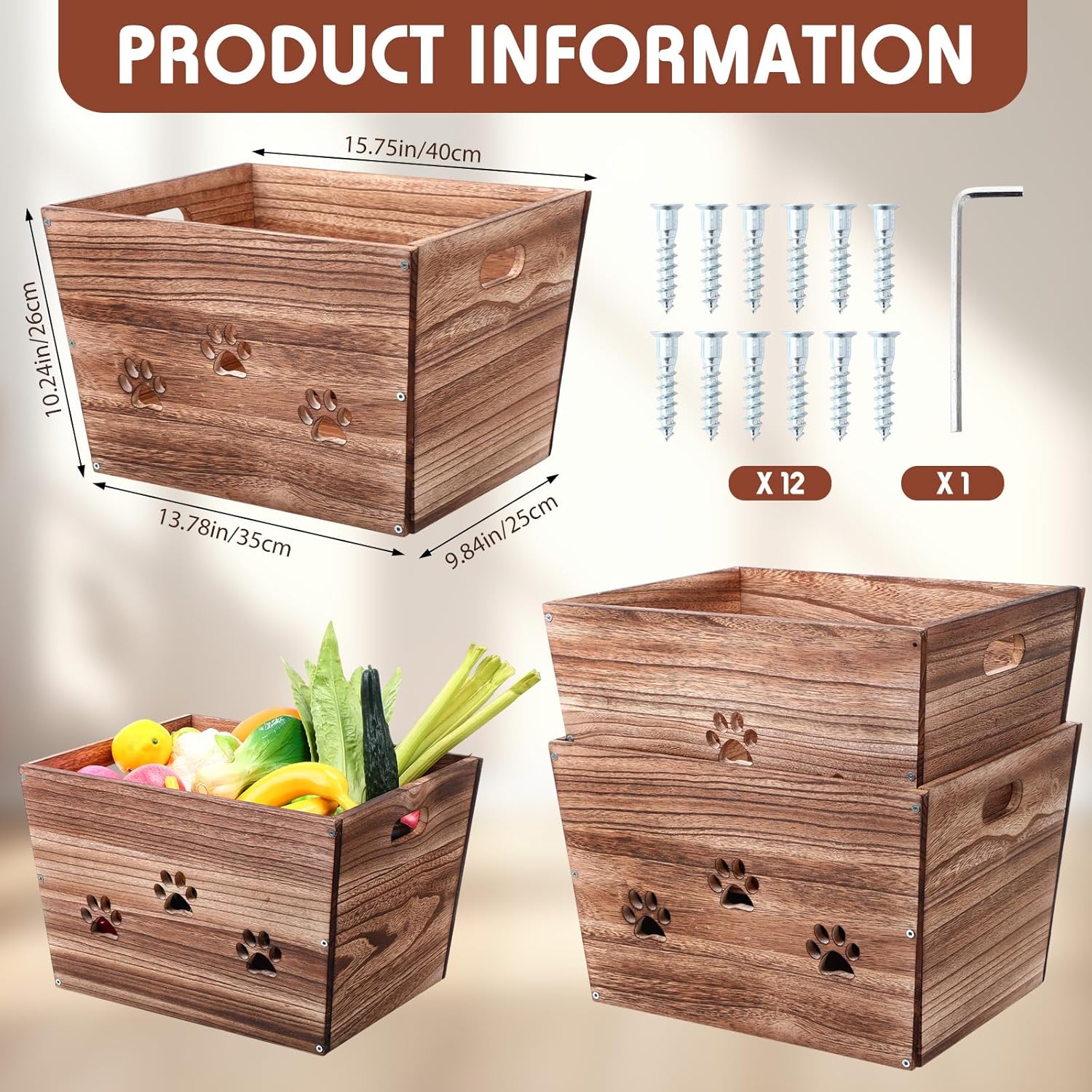 3 Pack Rustic Wooden Crates Hollow Claw Wooden Storage Boxes with Handles Dog Toy Box Large Handmade Farmhouse Decorative Wood Crate for Display-VerdiqueGarden