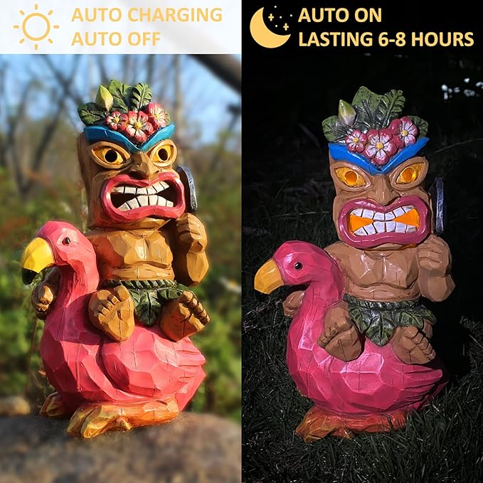 Solar Tiki Statue Flamingos Decor - Tiki Decorations Outdoor for Bar, Patio, Balcony, Yard,Lawn Ornament-VerdiqueGarden