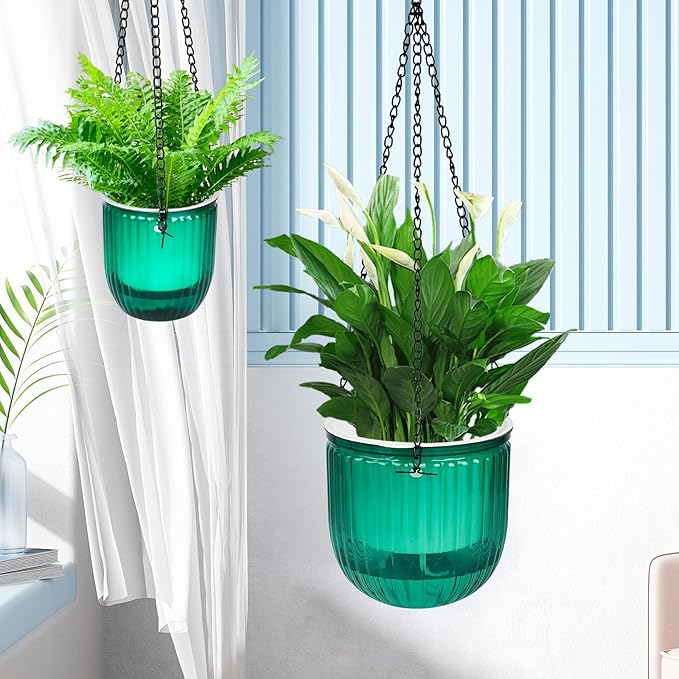 4Pcs Self Watering Hanging Planters, 6.5'' 4.5'' Hanging Flower Pots, Plastic Hanging Plant Basket with Drainage Holes, Visible Hanging Planters for Indoor Plants Garden Home(Emerald)-VerdiqueGarden