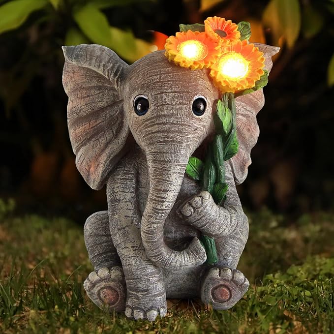 Outdoor Sculpture Figurine Statue Elephant Decor,Solar Garden Statues for Patio Home Yard Decor,Good Luck Sunflower Elephant for Women, Mom Gifts Housewarming Gift-VerdiqueGarden