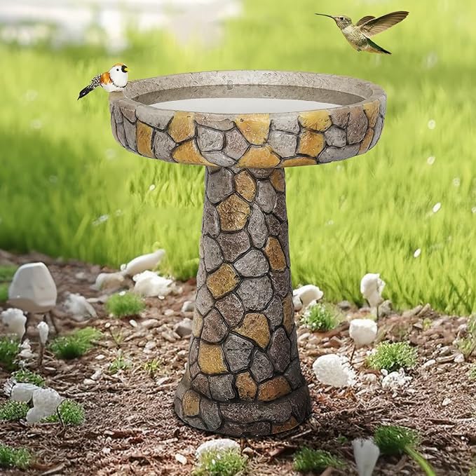 SKYFIRE Stone Like Outdoor Bird Bath - Concrete Freestanding Patio Birdbath with Pedestal for Garden, Patio, Yard, Lawn - 18.8”L X 18.8”W X 24”H Rustic Faux Stone Pedestal Outdoor Garden Birdbaths-VerdiqueGarden