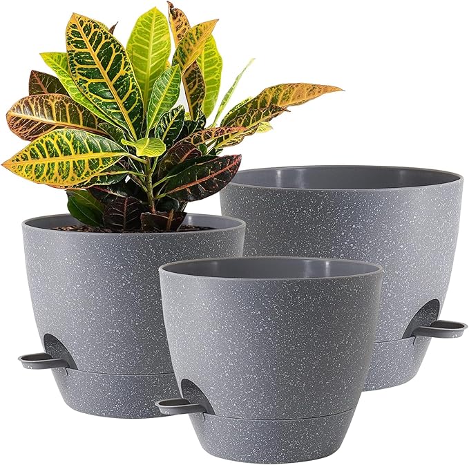 10/9/8 inch Self Watering Pots, Set of 3 Plastic Planters with Mesh Drainage Holes and Deep Reservoir for Indoor Outdoor Garden Plants and Flowers, Grey Speckles-VerdiqueGarden