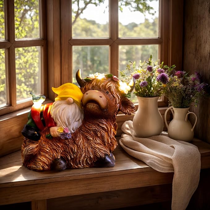 Garden Gnome Statue - Highland Cow with Solar Flower LED Lights and Bird - Funny Outdoor Decor for Table, Patio, Lawn - Unique Birthday Gifts for Mom, Women, and Christmas Decorations-VerdiqueGarden