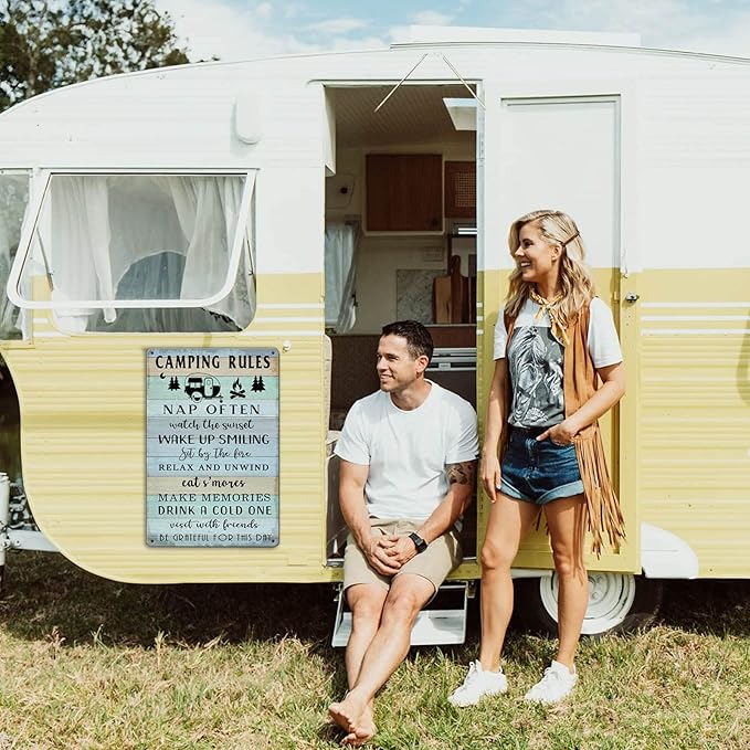 Camping Decor For Camper Camping Rules Sign Metal Tin Signs Lake Camper Door Decorations For Inside Funny Camping Themed Decor Rv Wall Art Decor Cabin Sign 12 X 8 Inch-VerdiqueGarden