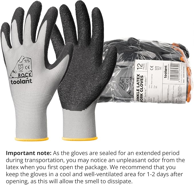 toolant Crinkle Latex Work Gloves Bulk, Rubber Coated Safety Work Gloves for Men and Women, 12 Pairs for Construction, Gardening, Warehouse (Gray, XL)-VerdiqueGarden