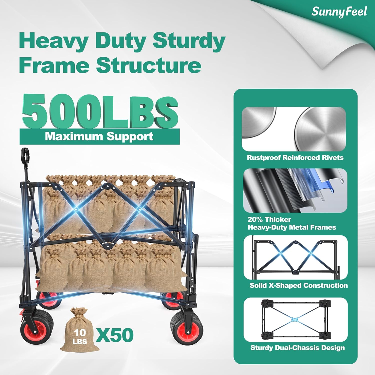 SUNNYFEEL Heavy Duty Collapsible Outdoor Utility Wagon Cart 500LB Capacity Adjustable Handlebar,Foldable Beach Wheels Stable Durable Oxford Fabric for Shopping Garden Camping (Red, Double Deck)-VerdiqueGarden