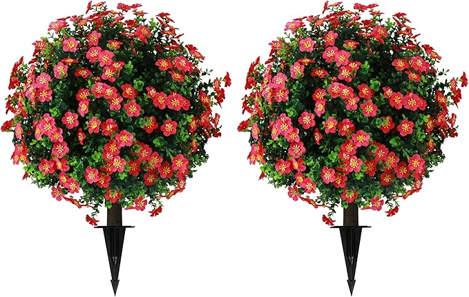 Sunnyglade Set of 2 Artificial Boxwood Topiary Ball Trees with Red Flower, Faux Shrub Bushes with Ground Spike 25.5", UV Resistant Fake Boxwood Plants for Indoor, Garden, Porch, Patio Decor (Red)-VerdiqueGarden