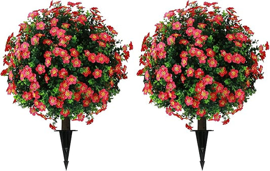 Sunnyglade Set of 2 Artificial Boxwood Topiary Ball Trees with Red Flower, Faux Shrub Bushes with Ground Spike 25.5", UV Resistant Fake Boxwood Plants for Indoor, Garden, Porch, Patio Decor (Red)-VerdiqueGarden