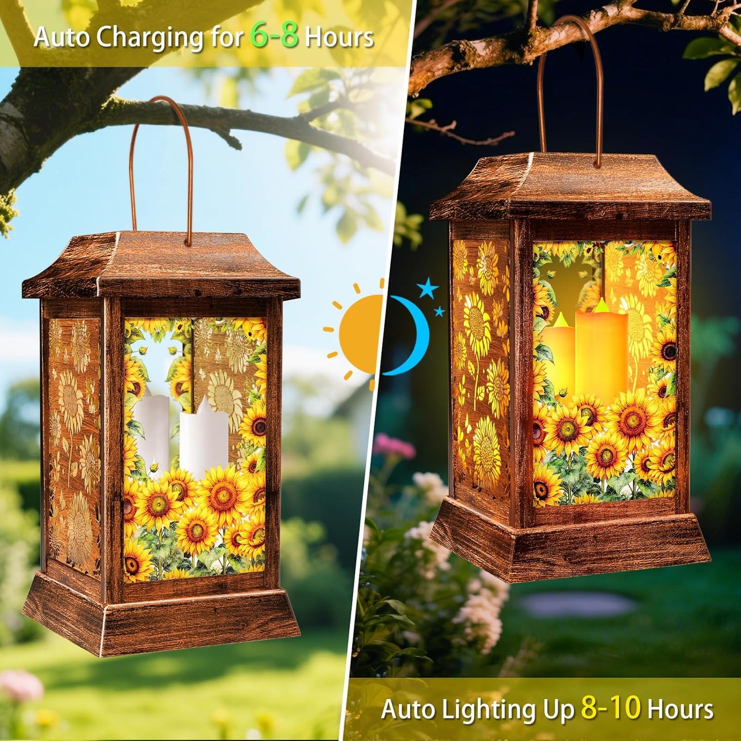 Sunflower Solar Lanterns Outdoor Waterproof, Metal & Glass Hanging Lights Garden Decor, Birthday Gifts for Women Mom Grandma Mothers Day, Decorative Lights for Outside Yard Patio Backyard Porch-VerdiqueGarden