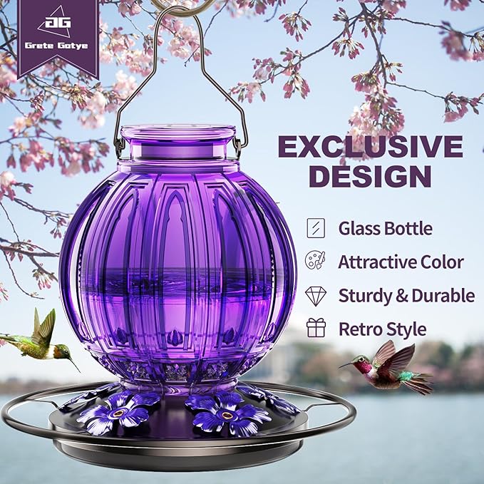 Glass Hummingbird Feeder for Outdoors Hanging, Bird Nectar Feeder with Perch & 5 Flower Feeding Ports, 26 Oz Leak Proof for Outside Garden Decor Backyard, Gifts for Women Mom, Purple-VerdiqueGarden