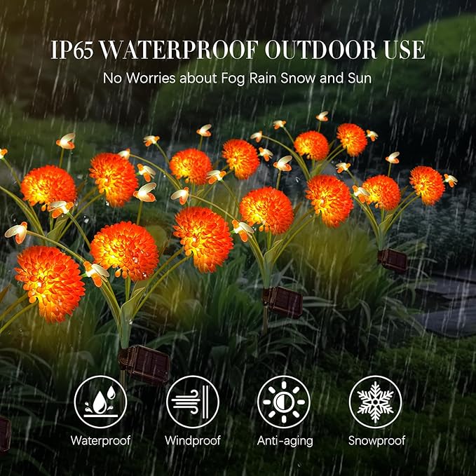 Solar Garden Lights, 4 Pack Swaying Bee Lights With Flowers, Waterproof Firefly Lights Outdoor for Garden Patio Yard Pathway Fall Decoration, Gifts for Women Mother's Day-VerdiqueGarden